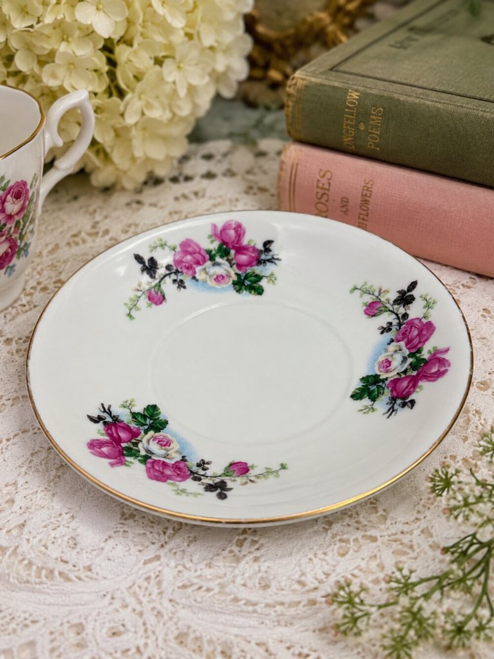 Vintage 1970s Jinzhou China Porcelain Saucer Pink Roses Gold Trim 6" Floral